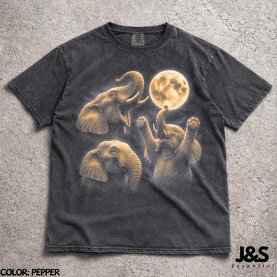 Three Elephant Moon Vintage 90s Graphic T-Shirt, Retro Silly Elephant Gift, Trumpeting Elephants Full Moon Tee, Aesthetic Galaxy Nature Art