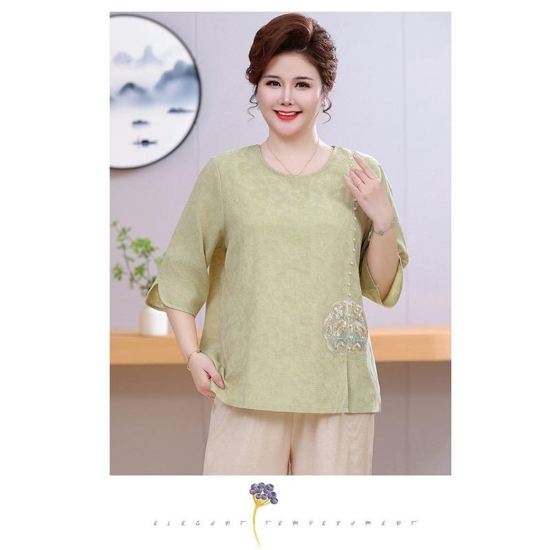 Summer Dress with Three-quarter Sleeves Plus Fat for Middle-aged and Elderly People New Chinese Style National Style Embroidery
