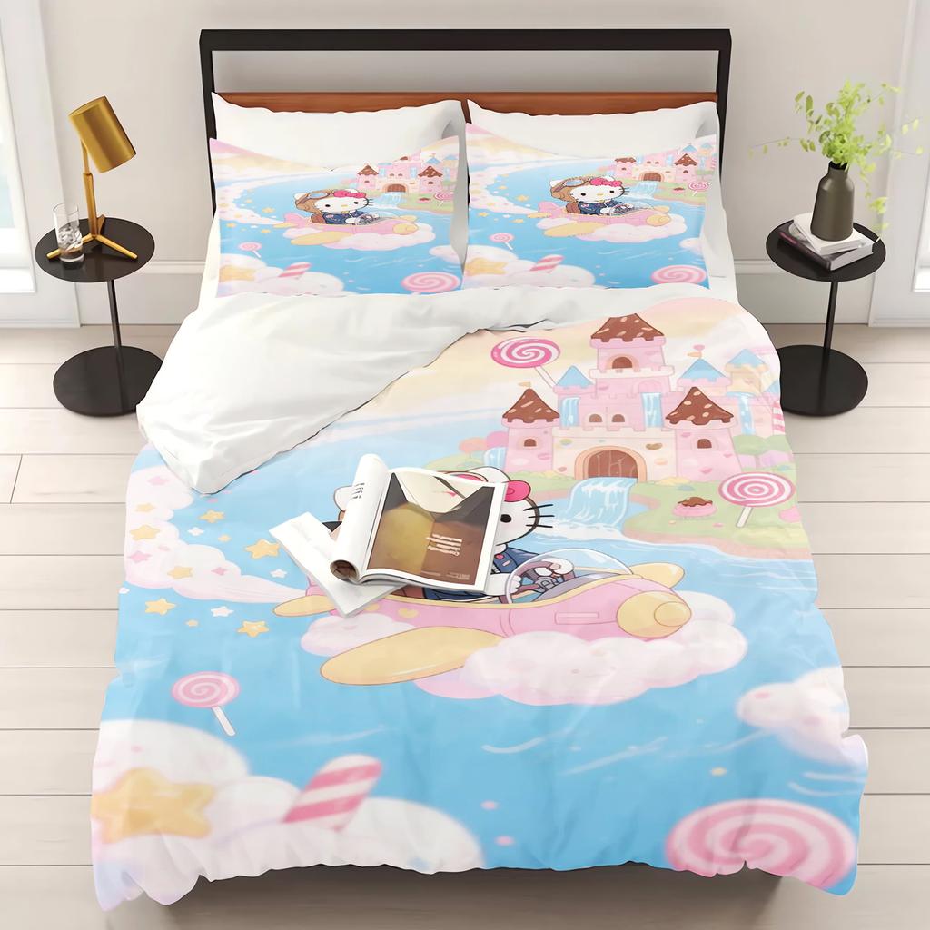 Zestaw pościeli do sypialni z nadrukiem Hello Kitty Poszewka na kołdrę Prezenty świąteczne Komfortowy Kreskówka Z poszewką na poduszkę