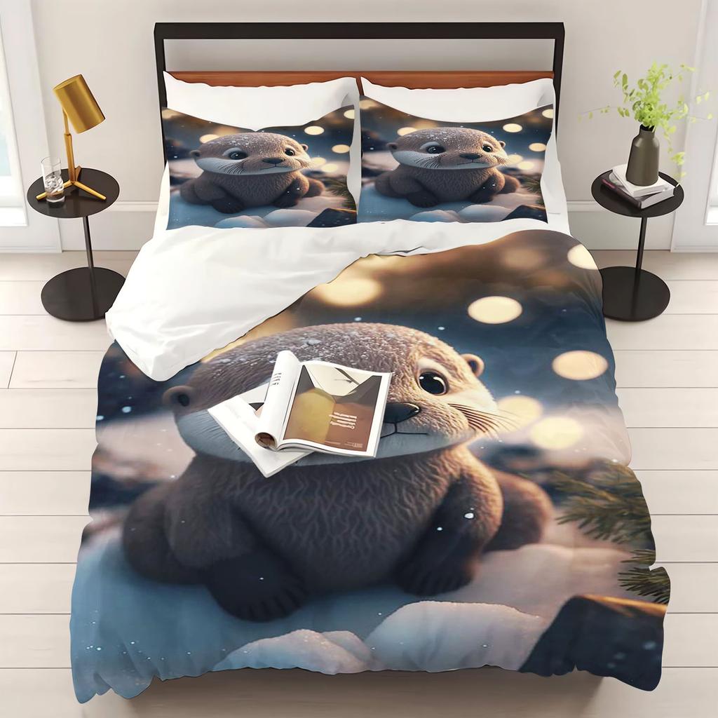 Otter Duvet Cover Animal Cartoon 3-Piece Set Children Cute Polyester Soft Breathable Comforter Animation Bedding