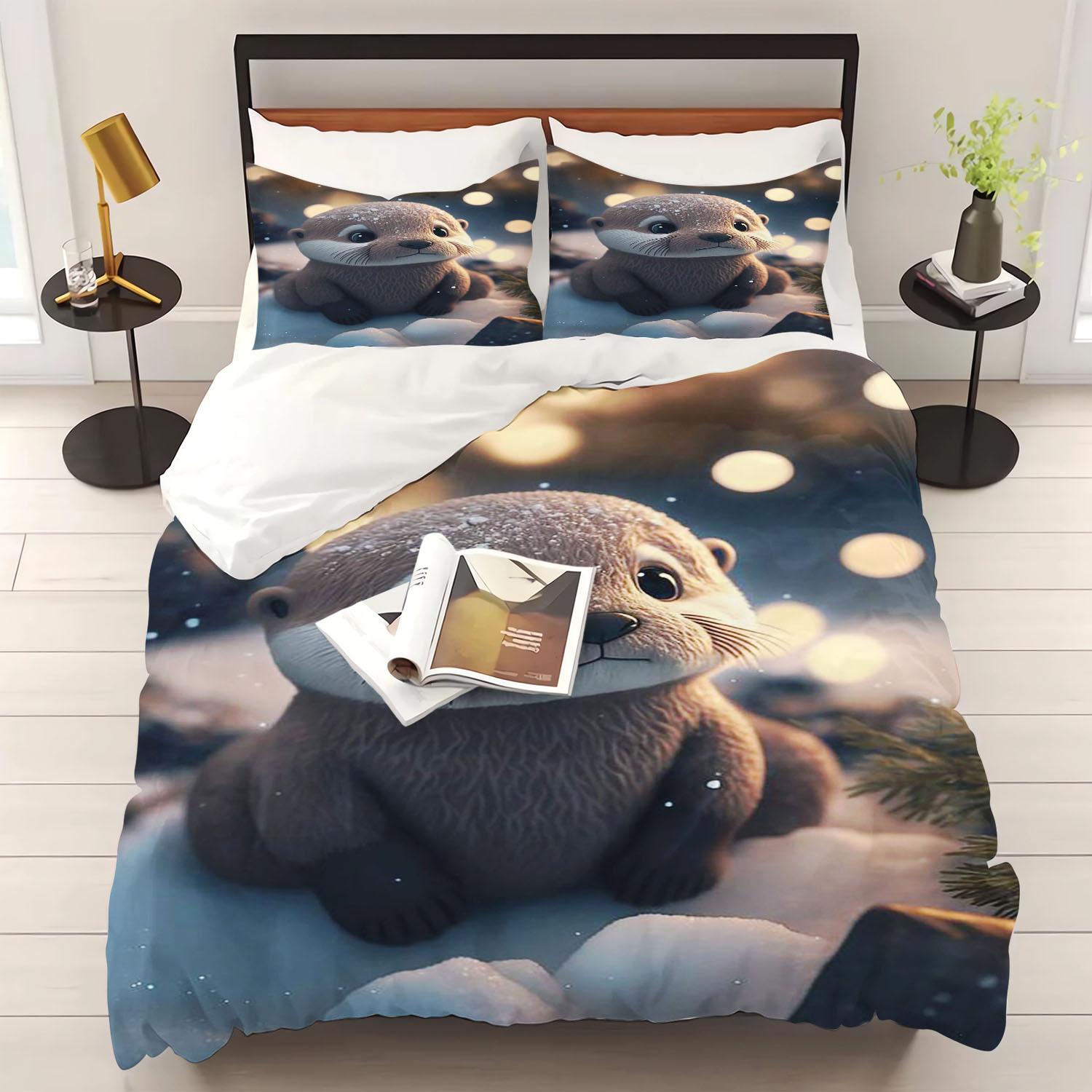 Otter Duvet Cover 3-Piece Set Cute Animal Cartoon Polyester Soft Breathable Kids Bedding Comforter 135x200cm