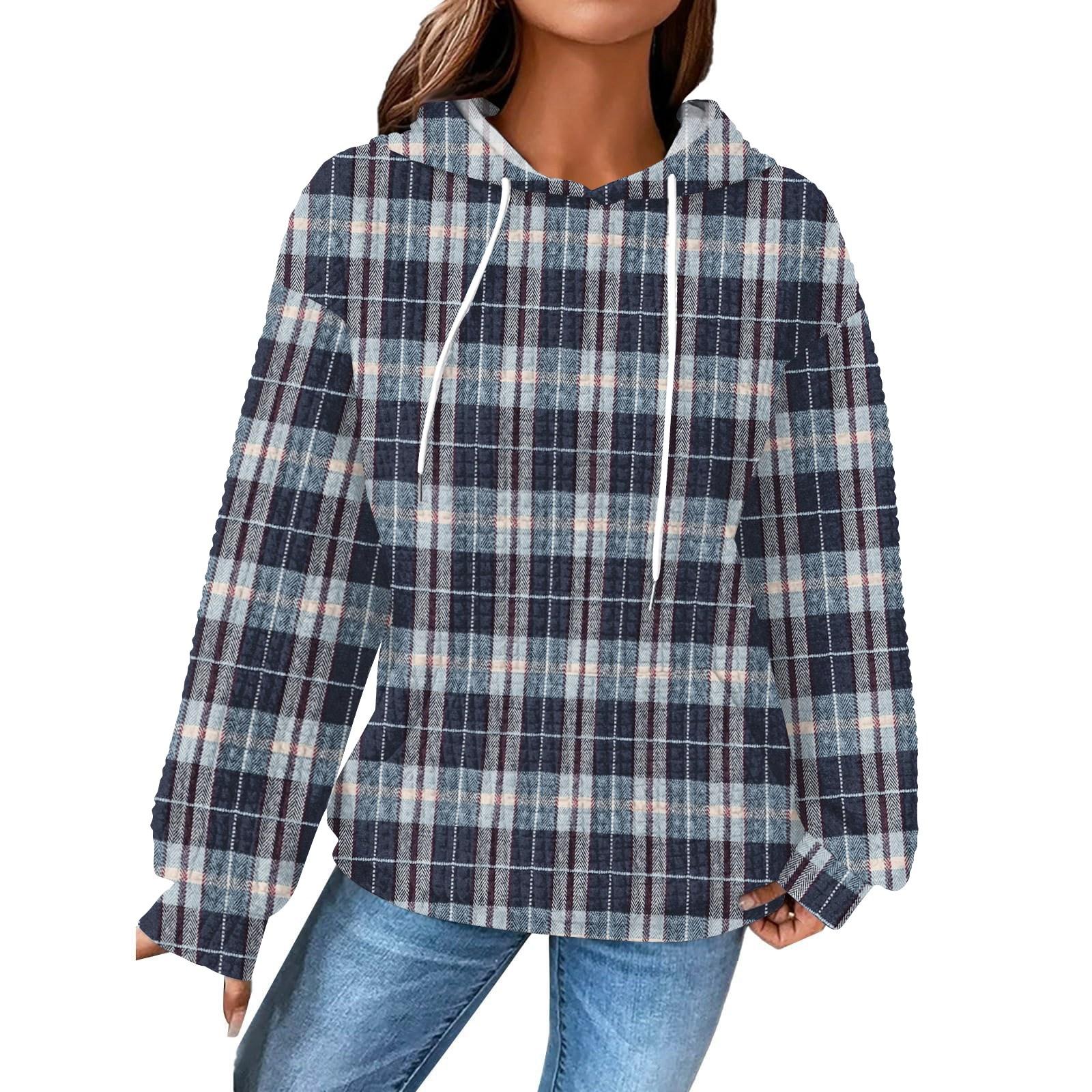 

Женский модный свободный пуловер с капюшоном, длинными рукавами, клетчатый свитшот с кулиской, приспущенным плечом и принтом-топом с карманом M тёмно-синий