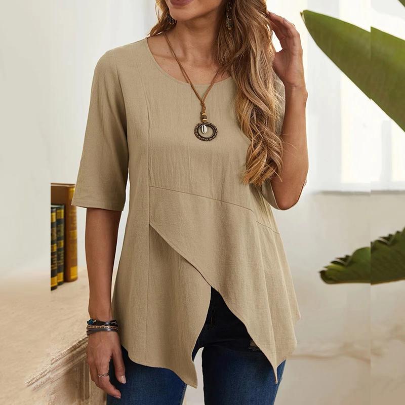 Pull Printemps Été Automne Col Rond Coupe Ajustée Manches Mi-longues Coton Lin T-shirt