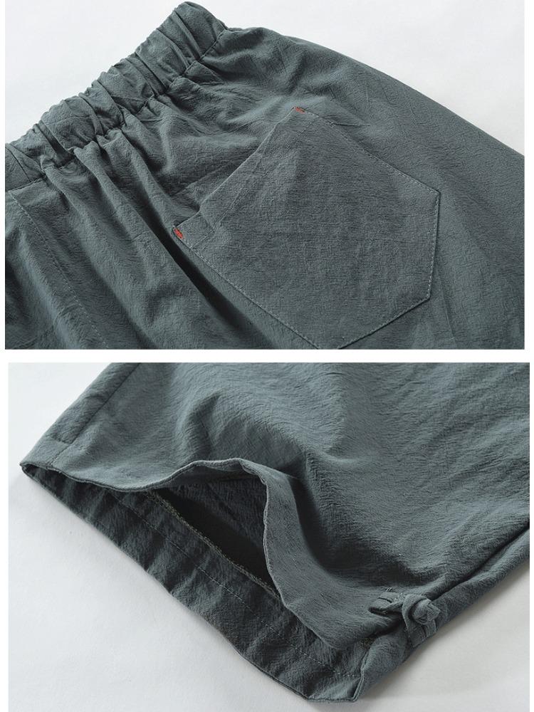 Summer Men's Casual Solid Color Shorts, Cotton and Linen Lace Up Leg Buckle Men's Pants