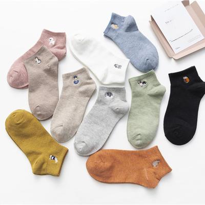 5 Pairs Women's Short Socks Spring Autumn Thin Cotton Embroidery Cartoon Animal Socks Fashion Cat Dog Bird Rabbit Pattern Ankle Socks