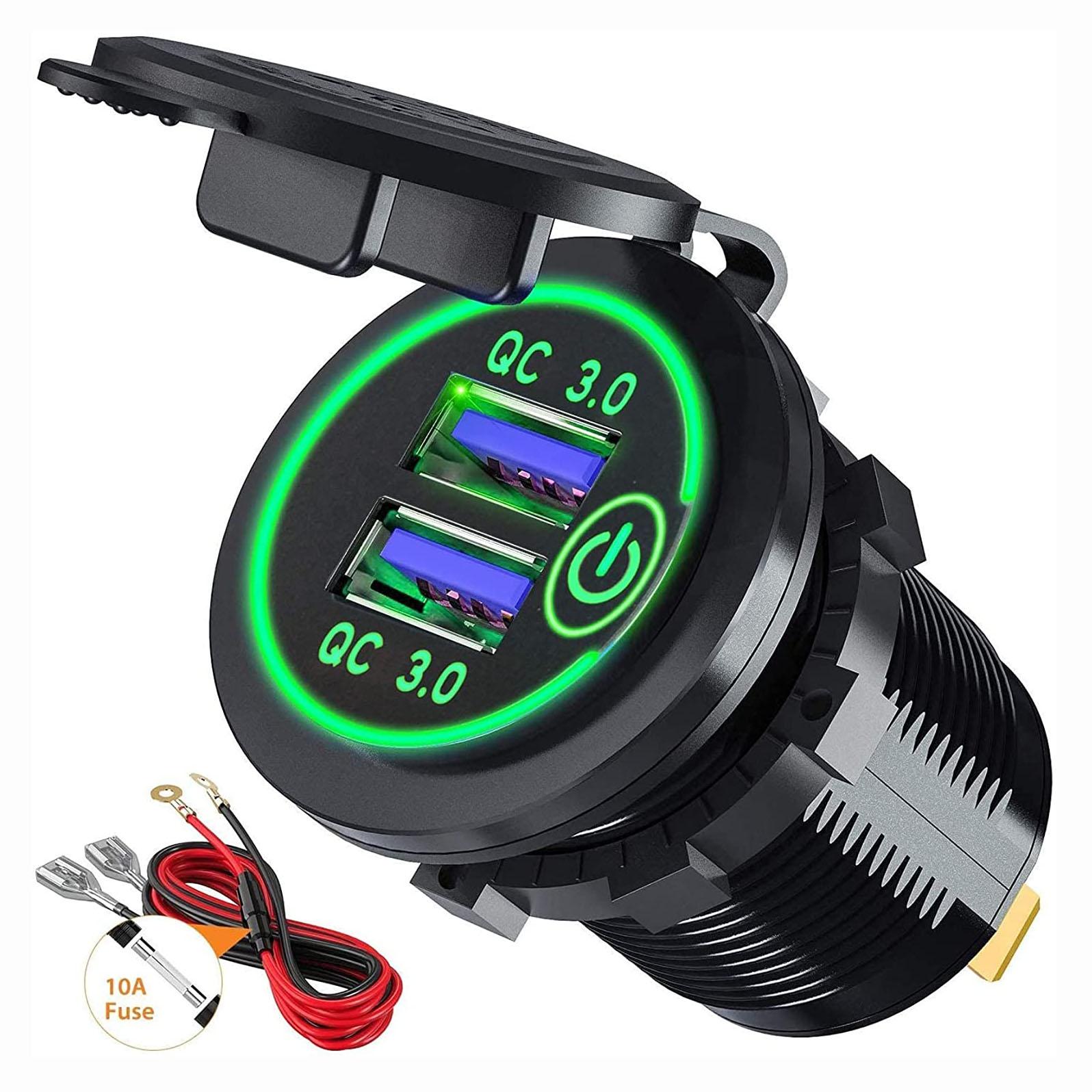 

Водонепроницаемая 12 В/24 В, быстрая зарядка 3,0, двойное зарядное устройство USB с сенсорным переключателем, набор «сделай сам» для автомобиля, гольф-кара, лодки, автофургона, мотоцикла, грузовика и многого другого 5x3.7x2.9cm чёрный/зелёный