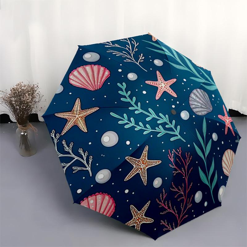 1pc Oceanic Seashells Starfish Pearls Pattern Umbrella with Plastic Handle,Suitable for All Seasons Home Travel Outdoor UmbrellaDD1595