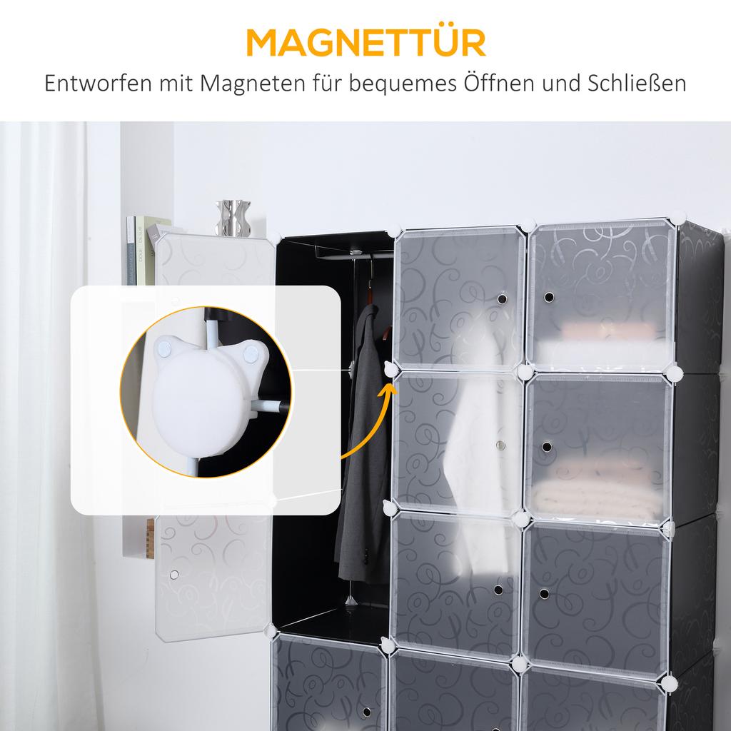 Portable Wardrobe for Bedroom, 15 Cube Closet with Hanging Rail, Modular Storage Cabinet, Plastic Armoire for Space Saving, White and Black