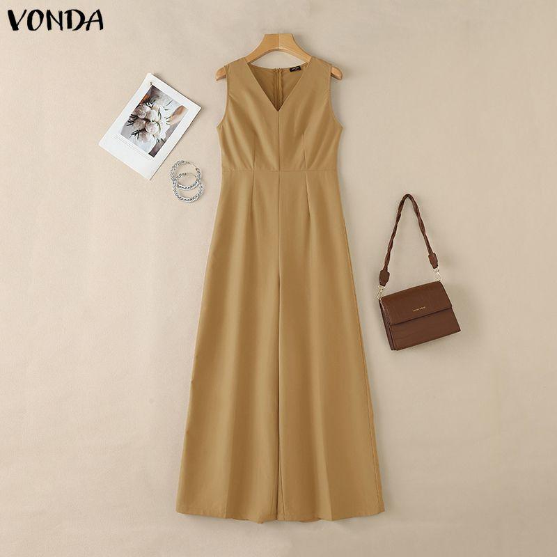 VONDA Summer Women Sleeveless V Neck Casual Long Wide Legs Jumpsuits Overalls M