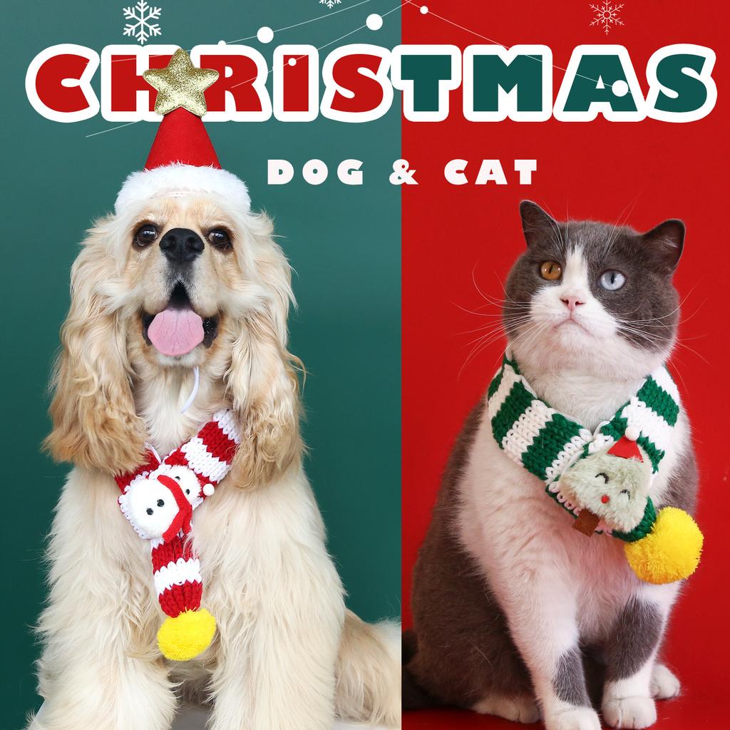 Pet Yarn Christmas Scarf Striped Ball Christmas Tree Snowman Reindeer Cartoon Hat Accessories Dog Scarf Puppy Accessories