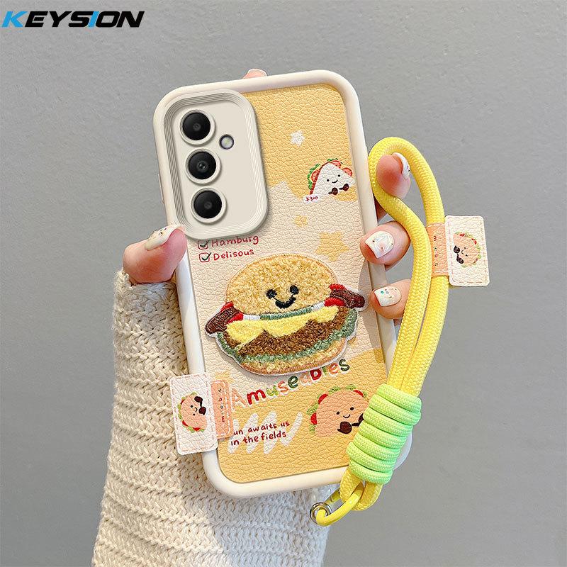 KEYSION Cartoon Cute Plush Embroidery Case for Samsung A55 5G A35 with Lanyard Silicone Shockproof Phone Cover for Galaxy A25 A15 5G