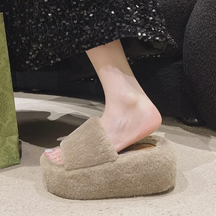 8CM Thick-Sole Fur Slippers for Women's Outdoor Wear—2024 New Autumn/Winter Warm Cotton Slippers