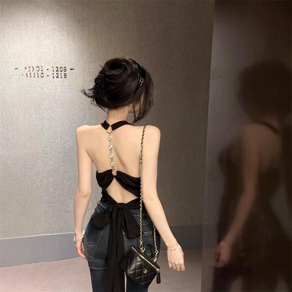 Women's Black Sexy Backless Lace-Up Halter Tank Top for Summer