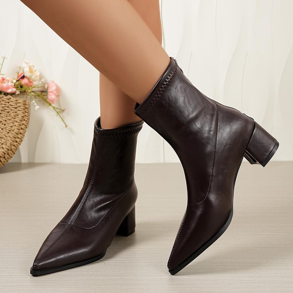 pointed short boots women's rear zipper temperament bare boots thick heel autumn and winter new French leather boots high heel thin boots
