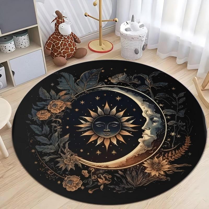 Crystal Velvet Astrology Moon Stars Round Rug, Celestial Print Non Slip Washable Floor Mat for Living Room, Bedroom, Home Decor