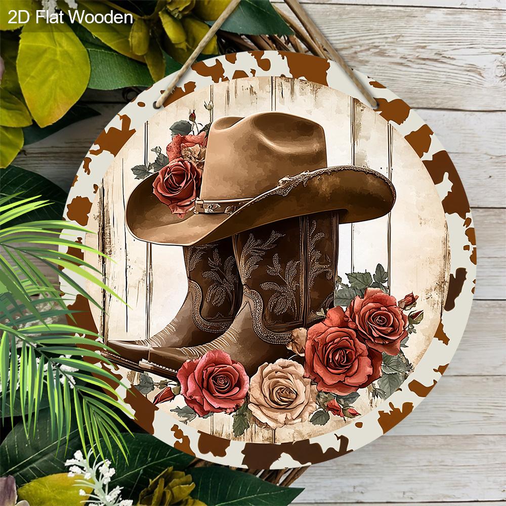 Cowboy Style Wooden Sign with Boots & Flowers Pattern - Retro Round Sign for Front Door, Wall Decor - Ideal Hanging Plaque Party Decoration