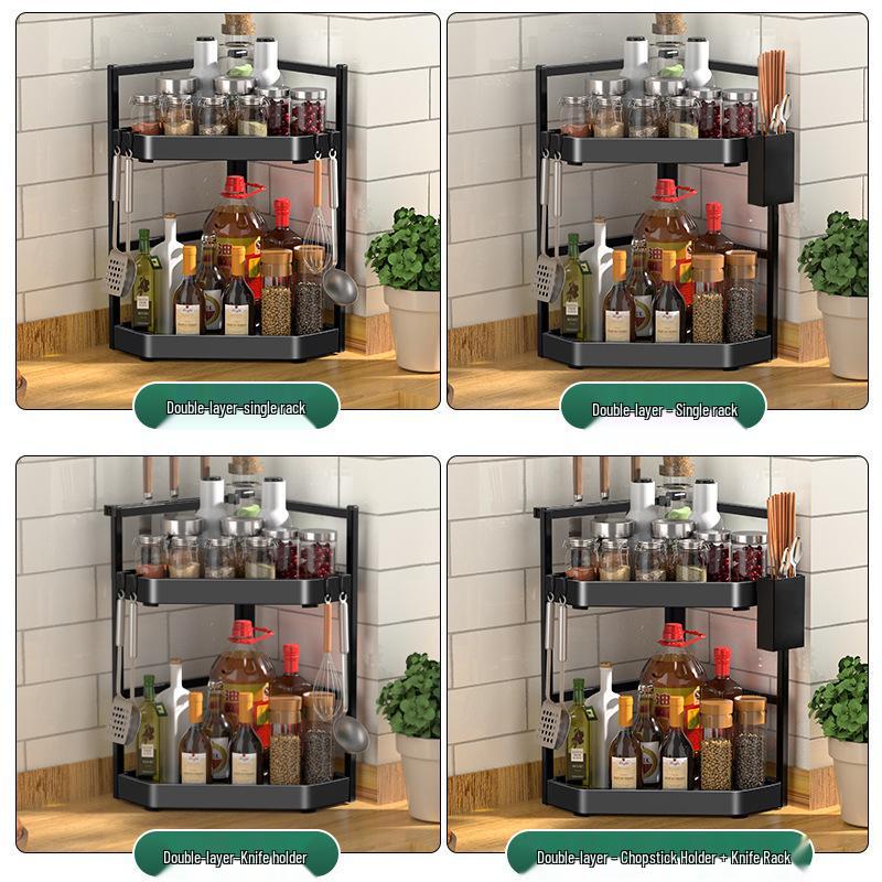 Corner Wall-Mounted Kitchen Spice Rack - No-Drill, Triangle Design for Countertop and Pendant Storage.