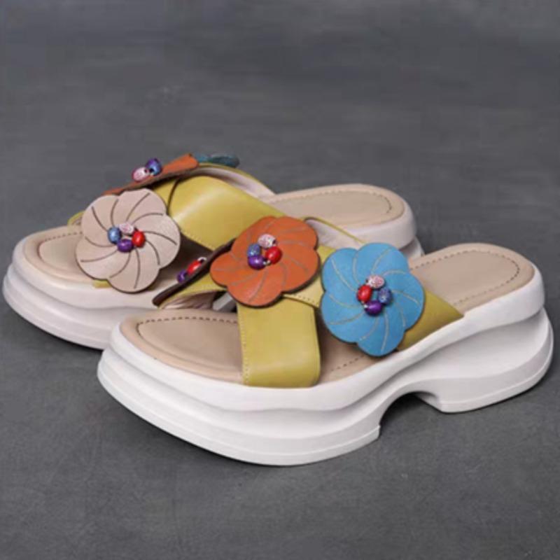 Fashion Summer New Slippers Women Fashion Round Head Beaded Cross with Flowers Waterproof Table Anti-slip Wear-resistant Sandals