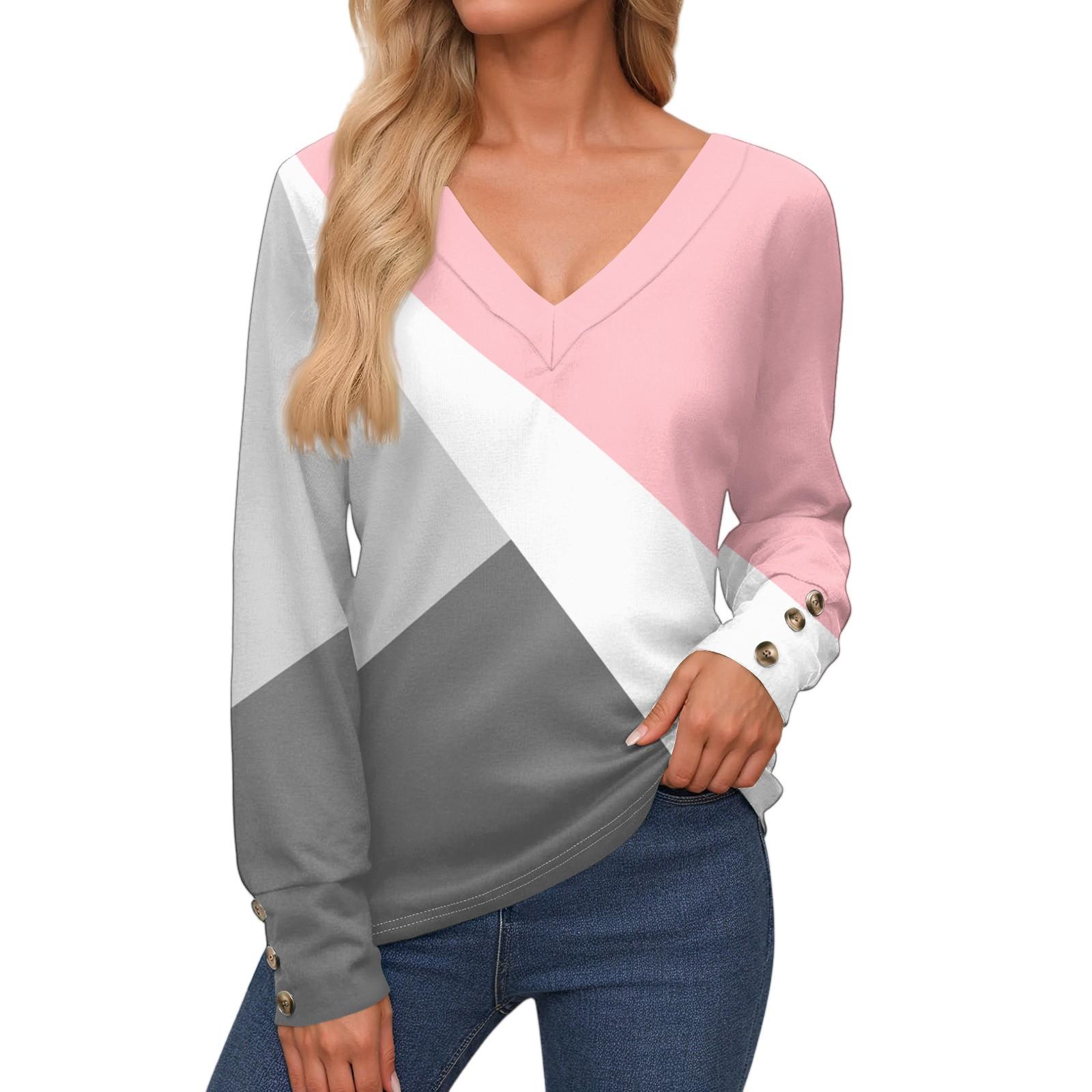 

Женские топы с длинными рукавами, манжетами на пуговицах, рубашка с V-образным вырезом, повседневная свободная футболка, клетчатые, лоскутные цветные топы L