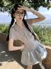 Summer New Vintage Splicing Polo Neck Dress Slim Skinny Short Sleeve College Fluffy Short Skirt Children