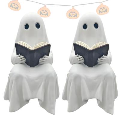 Halloween Resin Cute Ghost Statue Ghost Reading Book Outdoor Statue Miniature Figurine for Tabletop Halloween Decor Ghost Decor