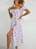 Florales, rückenfreies, schmal geschnittenes Kleid, trägerlos, Puffärmel, Hosenträgerkleid, geteilt, plissiert, Schnürung, Vintage-Sommer-Damenbekleidung