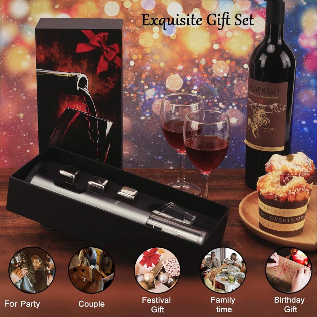 Wine Opener Electric Gift Set, Whiskey Stone Wine Lover Gifts with Wine Accessories of Automatic Corkscrew, Metal Ice Cube, Wine Pourer, Foil Cutter