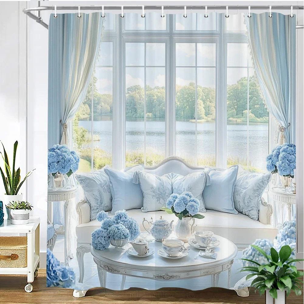 Garden Flowers Beach And Seaside Scenery Style Printed Fabric Shower Curtain Bathroom Curtain,Home Decoration Curtain With Ho W60H190(CM)-1 Pcs