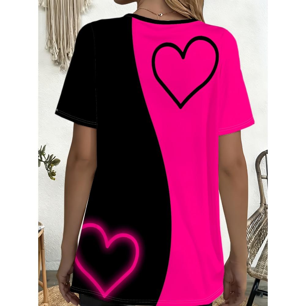 Women's Heart Print Short Sleeve Top Round Neck Loose Fit Blouse Tee Suitable for Summer Casual Top