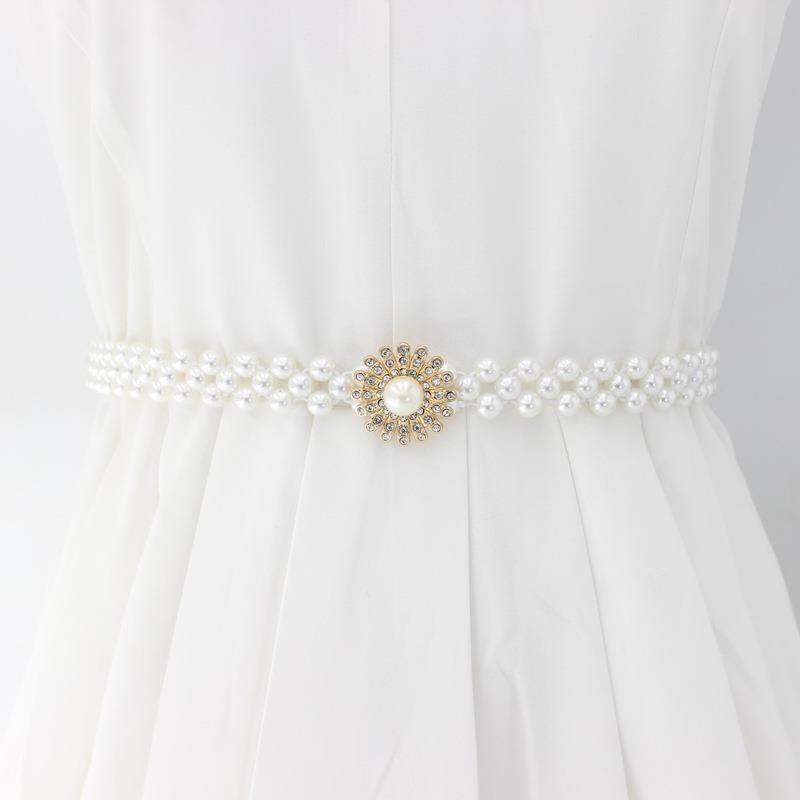 Korean Version of Women's Rhinestone Pearl Waist Chain Fashion Dress Decorative Elastic Waist Belt Women's Sweet Flower Elastic Waist Seal