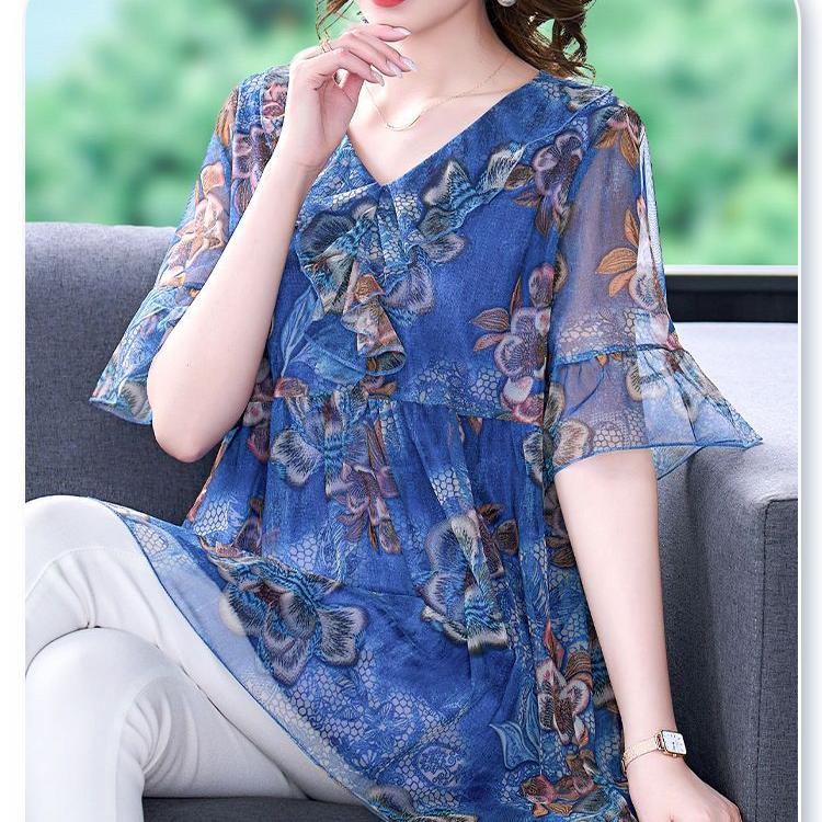 Women's Plus Size Blouse Summer Stretch Print Mesh Blouse Oversized Shirt Short Sleeved Loose  Blouse Top
