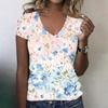 Damen V-Ausschnitt Kurzarm Top Lässiges Entspanntes T-Shirt mit Blumenmuster Leichter Weicher Stoff Pullover Bluse