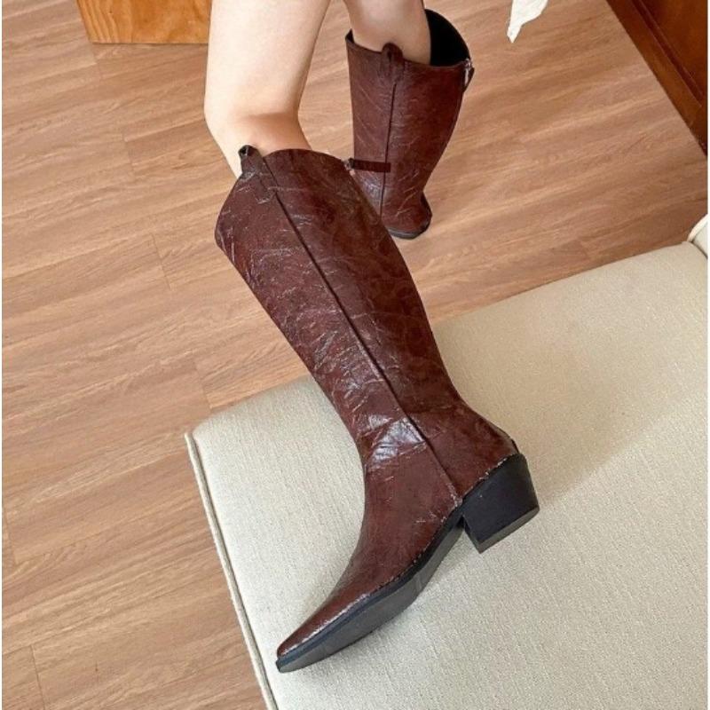 Fashion New Style Women Autumn/Winter Colors European and American Pointed Thick Heel High Barrel Large Western Side Zipper Denim Boots