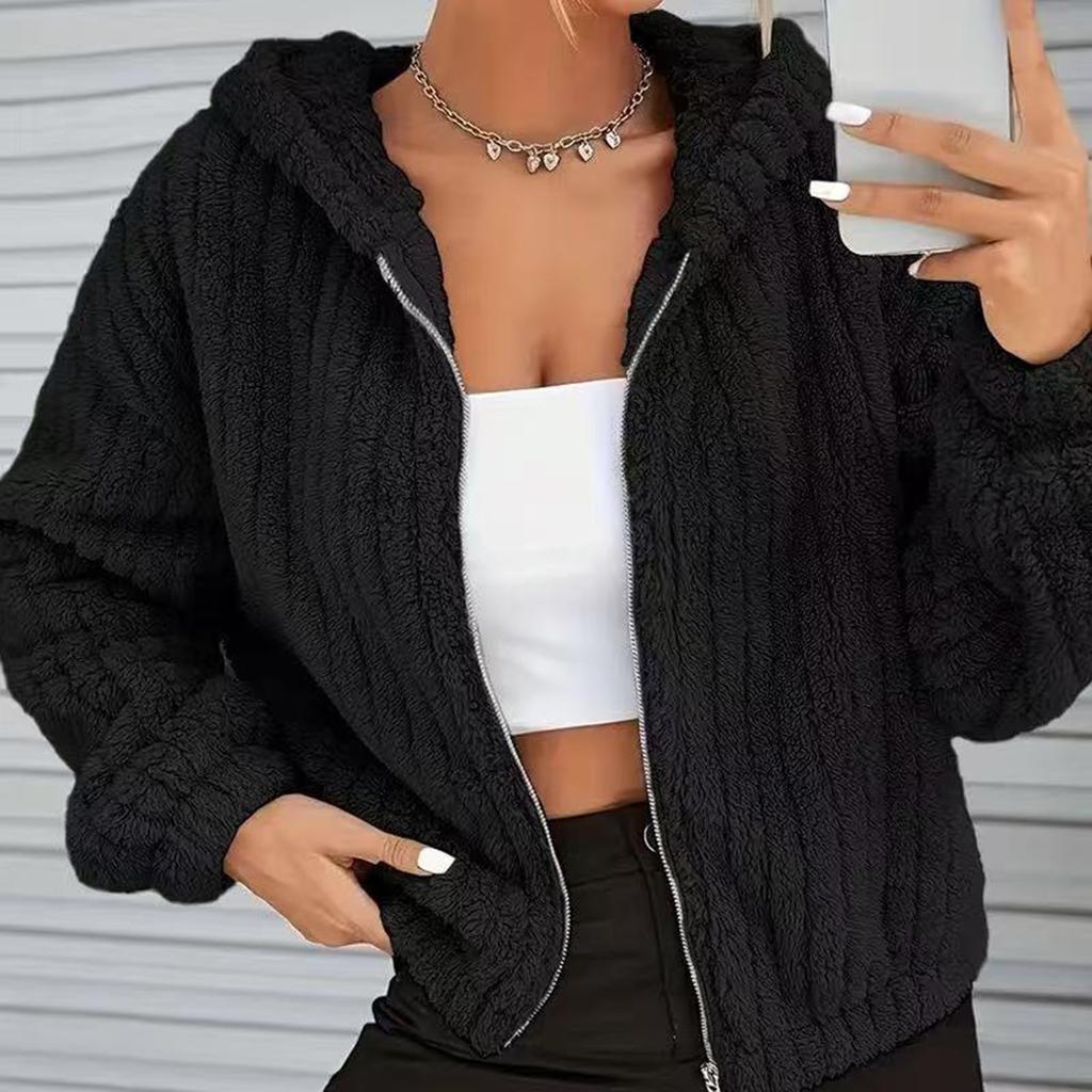 Damenmode Einfarbiger Cardigan mit Reißverschluss und Kapuzen-Fleecejacke mit Katzenohren