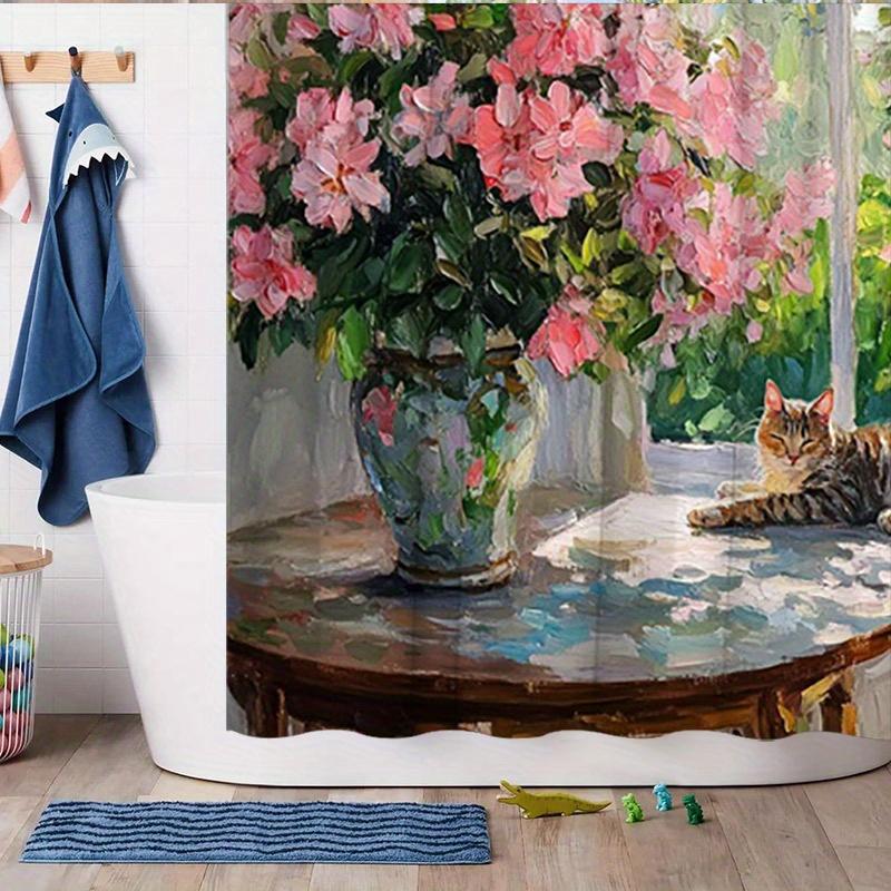 

Spring Garden Shower Curtain - Window Side Cat And Blooming Flowers Hanging On Living Room Wall, Bedroom Decoration W60H190(CM)-1 Pcs