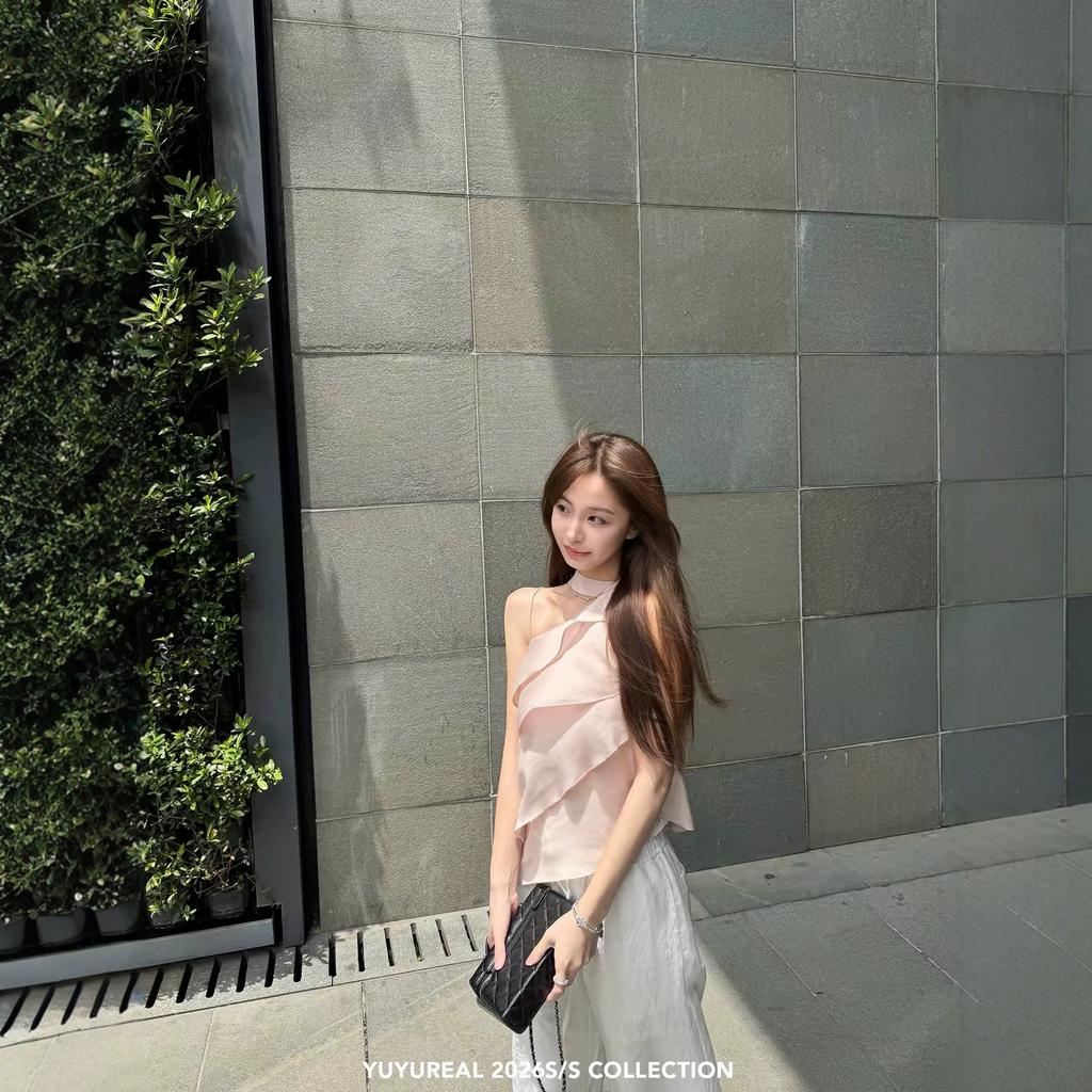 Laminated Lotus Leaf Edge Mulberry Silk Slanted Shoulder Streamer Shirt Women's Summer and Korean Sleeveless Top