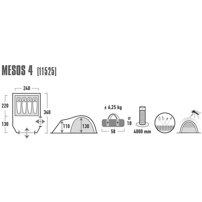 Tente dôme - high peak - mesos 4 - 4 places - 360x240x130 cm - usage intensif