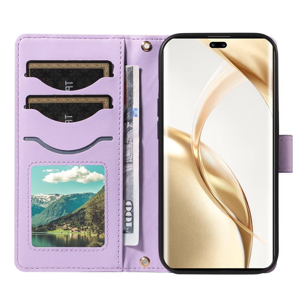 Husă Portofel din Piele Romboedrică pentru Telefon Honor 200 Pro 5G cu Curea de Umăr, Curea de Mână