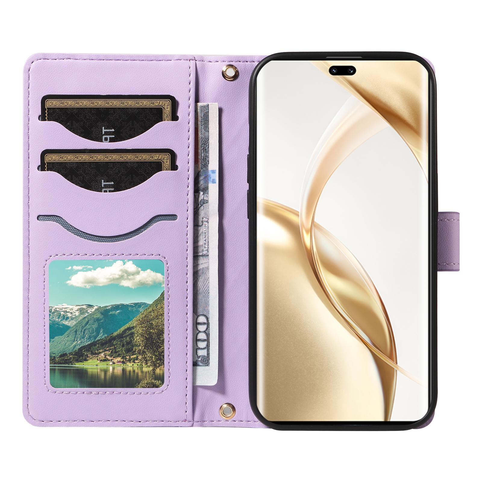 

For Honor 200 Pro 5G Case Wallet Rhombus Leather Phone Cover with Shoulder Strap,Wrist Strap Light Purple