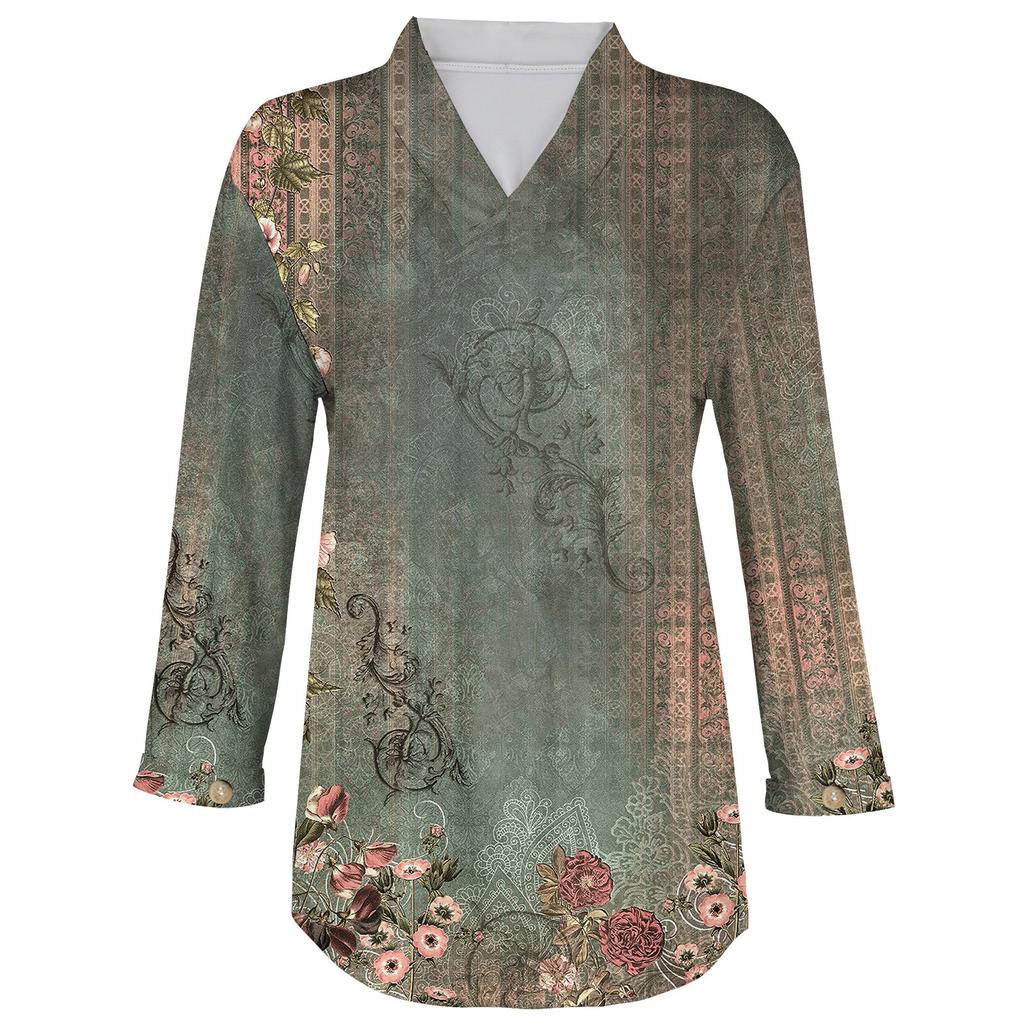 Women's Fashion Casual Three-quarter Sleeve Printed Chinese Stand Collar V-Neck Pullover 4/3 Sleeve Top Irregular Hem Top