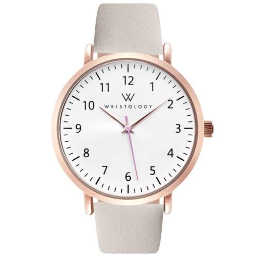 

WRISTOLOGY Olivia Women s Analog Watch with Large Dial, Easy-to-Read Second Hand, Leather Band, Rose Gold/Beige, for Nurses, Teachers, and Seniors.