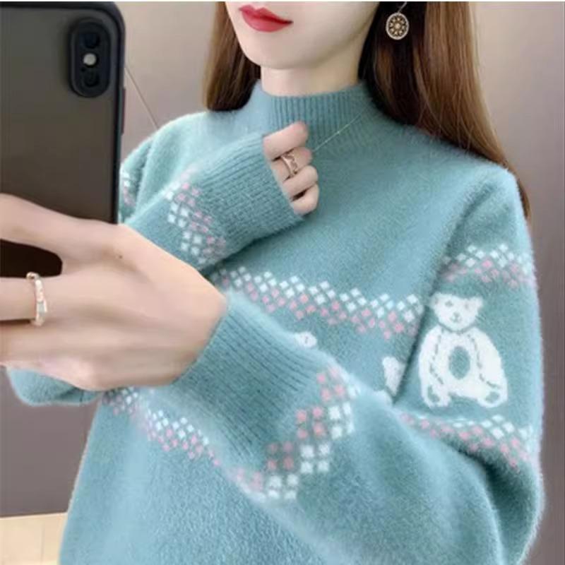 Damen Pullover aus Nerz-Fleece - Herbst/Winter 2025, Dick, Locker, Halboher Kragen, Gestrickt, Modisches Kurzes Oberteil