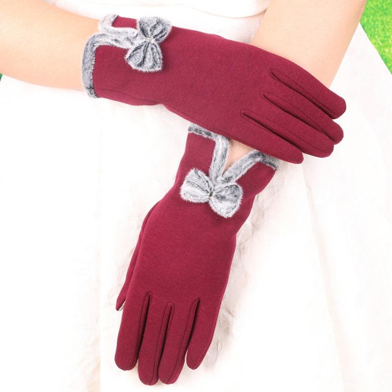Warm gloves autumn and winter women's bow thickened fleece cold-proof outdoor riding non-inverted fleece touch screen gloves