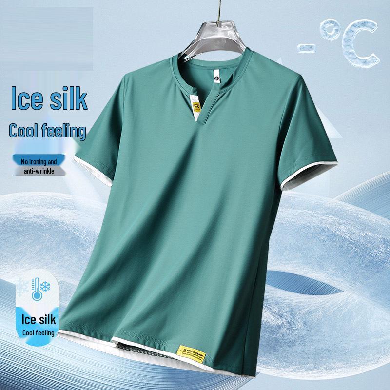 

Мужская футболка из ледяного шелка с V-образным вырезом, коротким рукавом, два в одном, быстросохнущая 2XL (150-170 jin) зелёный