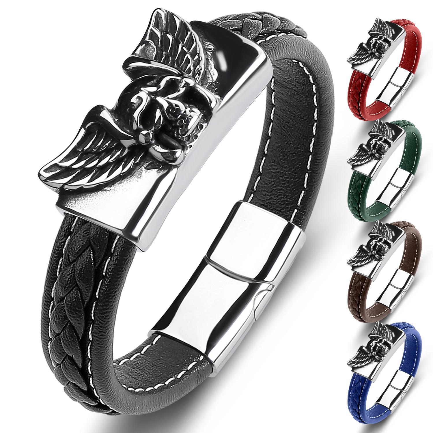 

Высококачественный кожаный браслет из нержавеющей стали с черепом и крыльями ангела