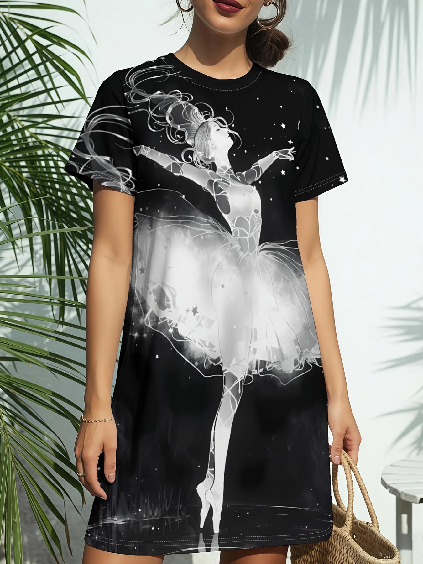 

Women s Ballerina Dancer T-Shirt Dress - Short Sleeve Round Neck Casual Dress with Ballerina Print. Spring Summer Outfits Suitable for Daily Wear. Dat 5XL дубильна кора