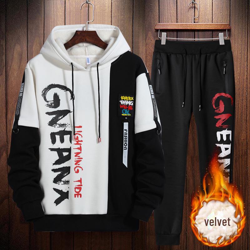 Men s 2026 Autumn/Winter Hooded Sweatshirt and Youth Plus Velvet Thickened Jacket Set XL белый