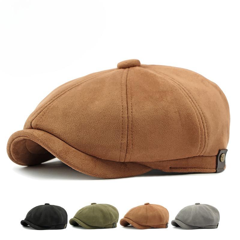 Vintage Suede Newsboy Cap for Men Women Retro Octagonal Baker Boy Hat Autumn Winter Warm Solid Color Beret Painter Hat