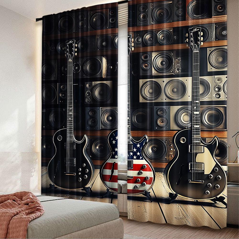 

Set Of 2 American Flag Curtain Black Us Bass Guitar Electronic Rock Music Theme Bedroom Living Room Dining For Made Polyester W100*H70(CM)-Rod Pocket&2PCS