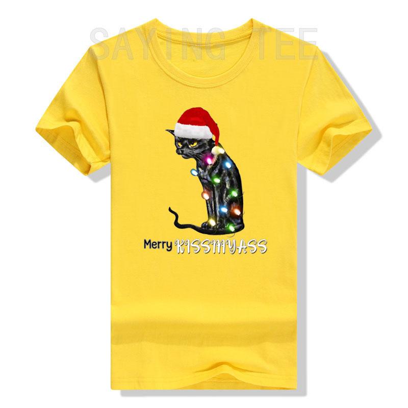 Merry Kissmyass Funny Cat Christmas Lights T-Shirt Xmas Costume Gifts Kitty Lover Graphic Outfits Cute Kitten Saying Tee Y2k Top